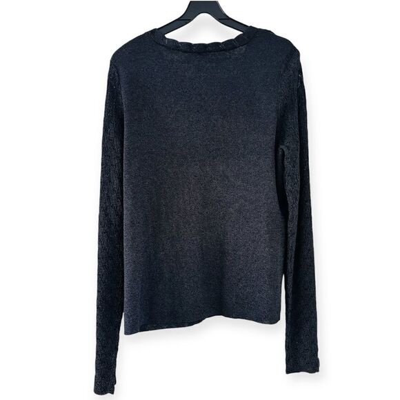 Doncaster Black Ruffle Front V-Neck Metallic Crochet Sleeve Sweater Size XL - Picture 2 of 5